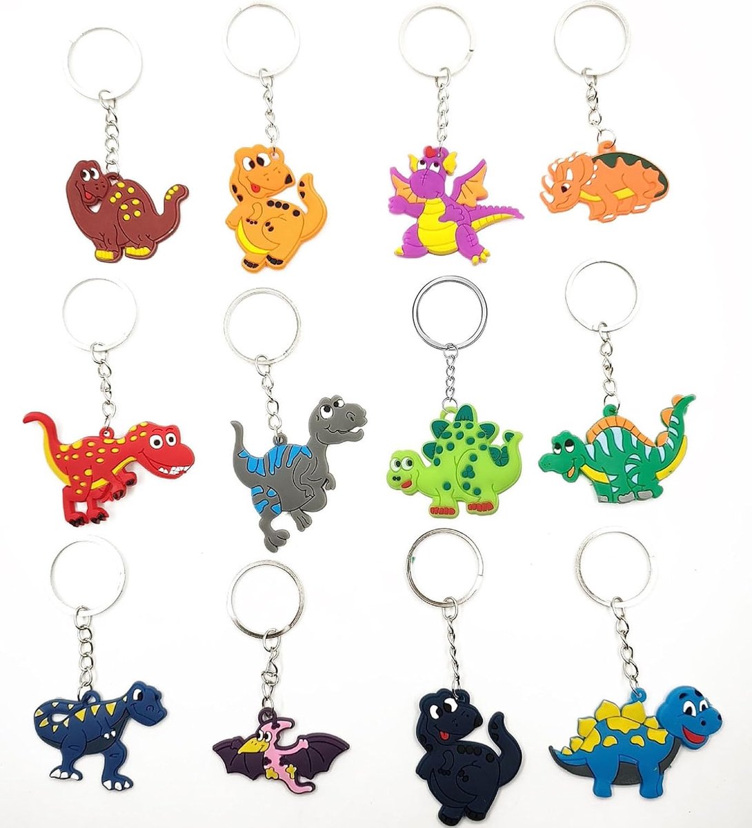 Sleutelhangers voor kinderen, dieren en dinosaurussen, van siliconen, 12 stuks, cartoon-sleutelhangers, dinosaurus-sleutelhangers, voor schooltas, sleutels, etui