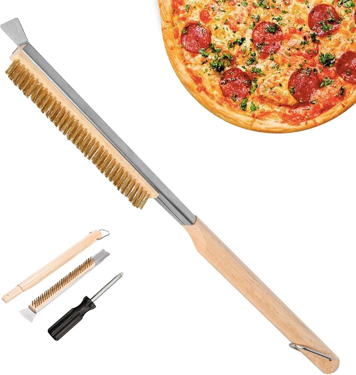 55 cm professionele pizzaovenborstel met roestvrijstalen schraper en messing borstel, houten handvat, reinigingsborstel, pizza accessoires, pizzasteen, borstel, grillborstel, pizzaovenborstel voor