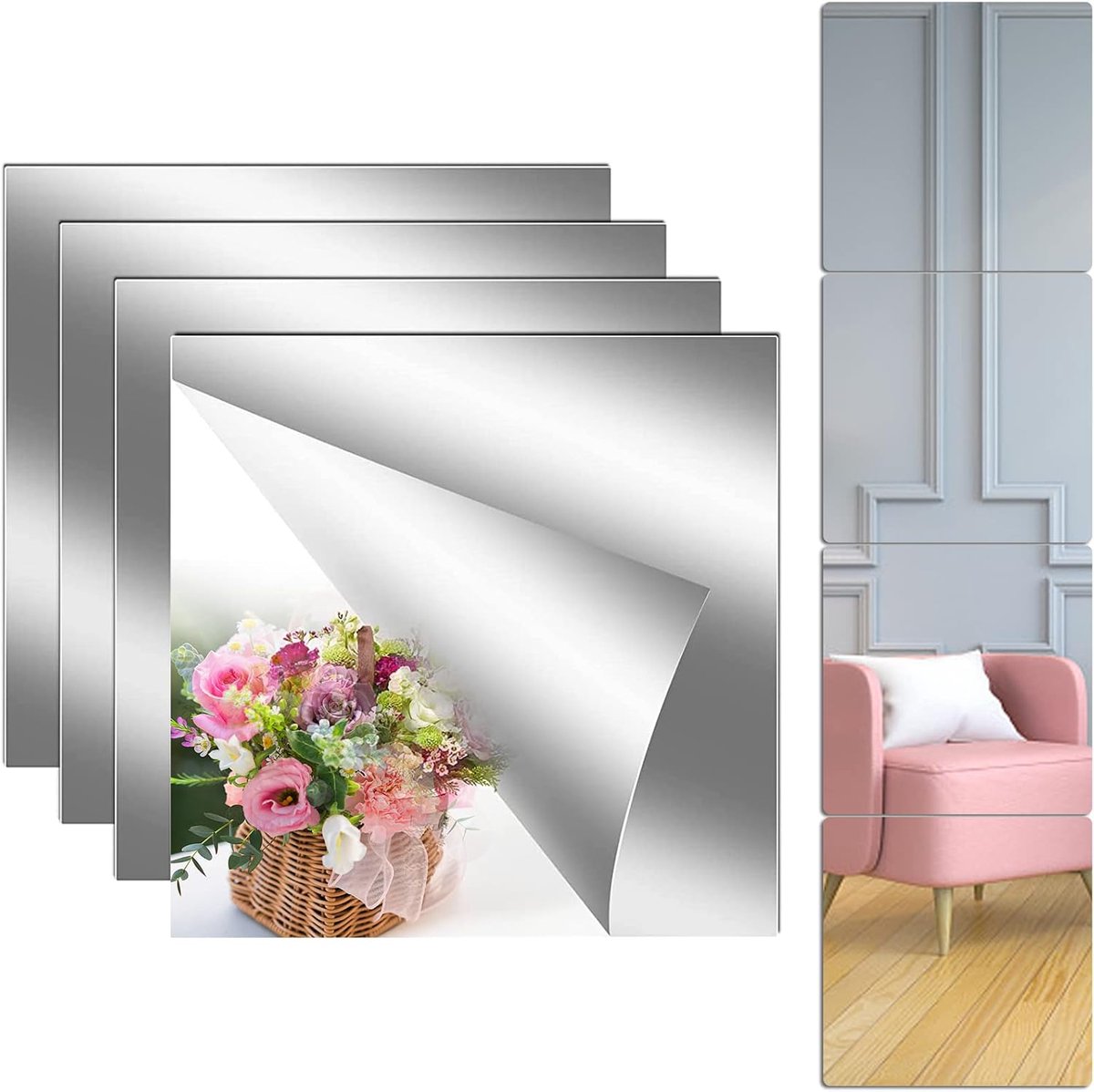 4 stuks dikke acryl spiegels, flexibele zelfklevende spiegel, frameloze wandspiegel voor badkamer, slaapkamer, kledingkast, thuis (2 mm spiegels)