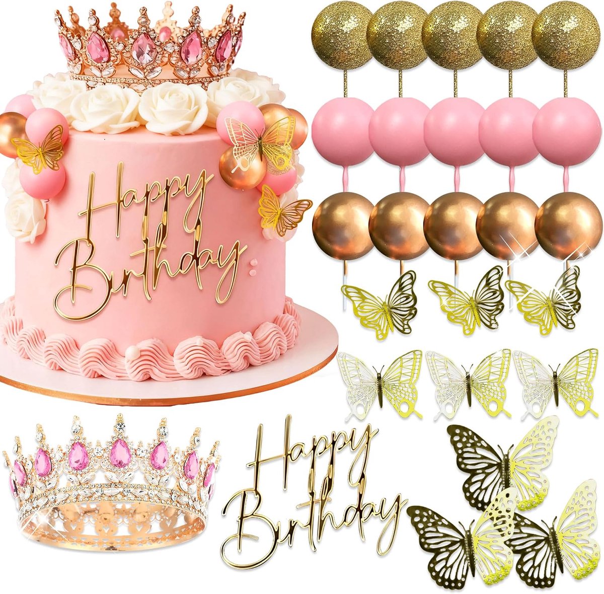 Roze kroon taartversiering glanzende ballen feestkroon stralende | roze kroon taartversiering glanzende ballen feestkroon stralende vlinderdecor verjaardag babyshower