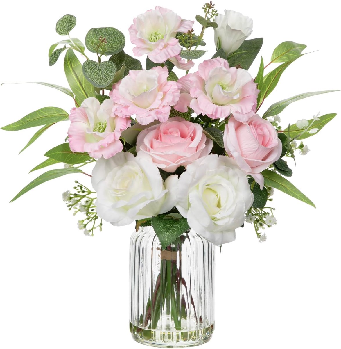 Kunstrozen, bloemen met glazen vaas, kunstplanten, bloemen met eucalyptus, kunsttafeldecoratie, woonkamer, bruiloft, feest, bloemstuk, vensterbank, decoratie en slaapkamerdecoratie