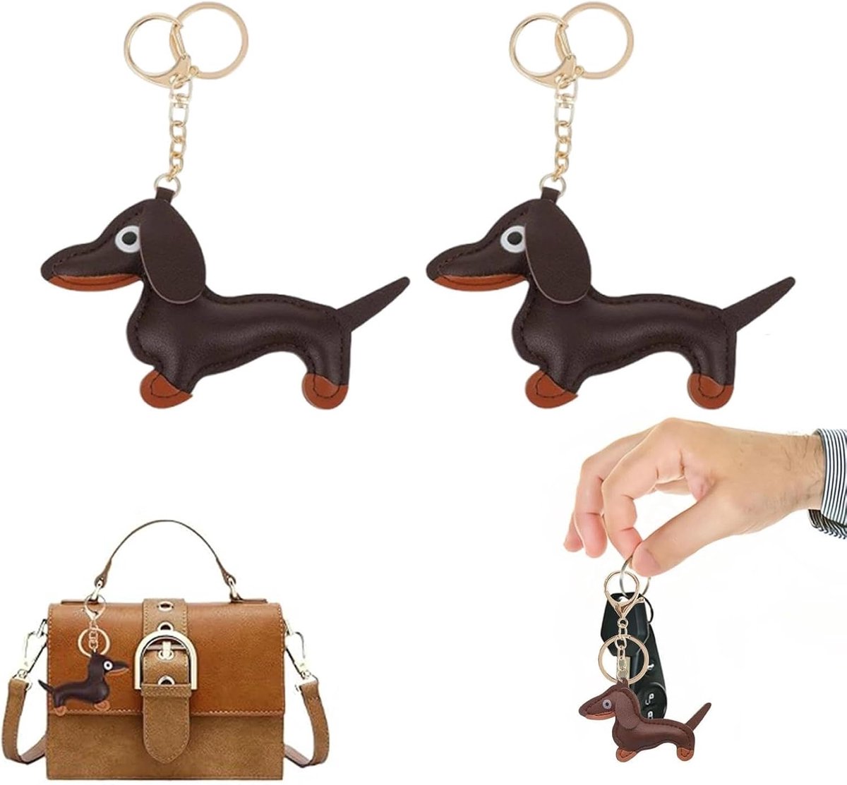 2 stuks lederen teckel sleutelhangers, bruine puppy hond sleutelhanger, tas hanger hond vormige sleutelhanger bruine teckel sleutelhanger charme cadeau voor teckel liefhebbers kerst