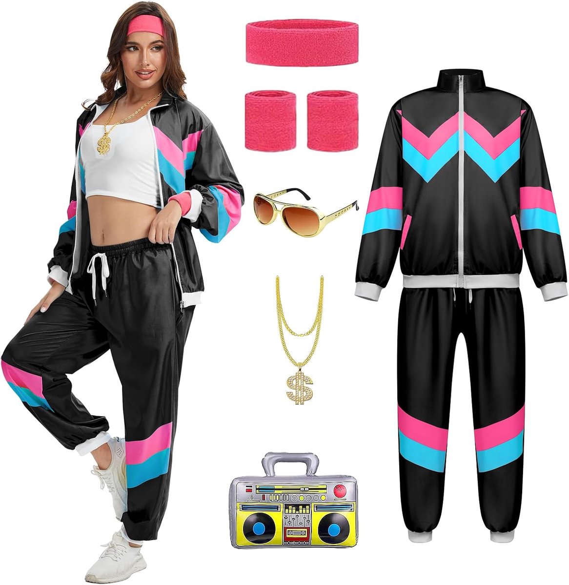 80 en 90 outfit dames, retro jaren 80 trainingspak jas broek pak met gouden ketting, opblaasbare radio, Halloween carnaval voor dames