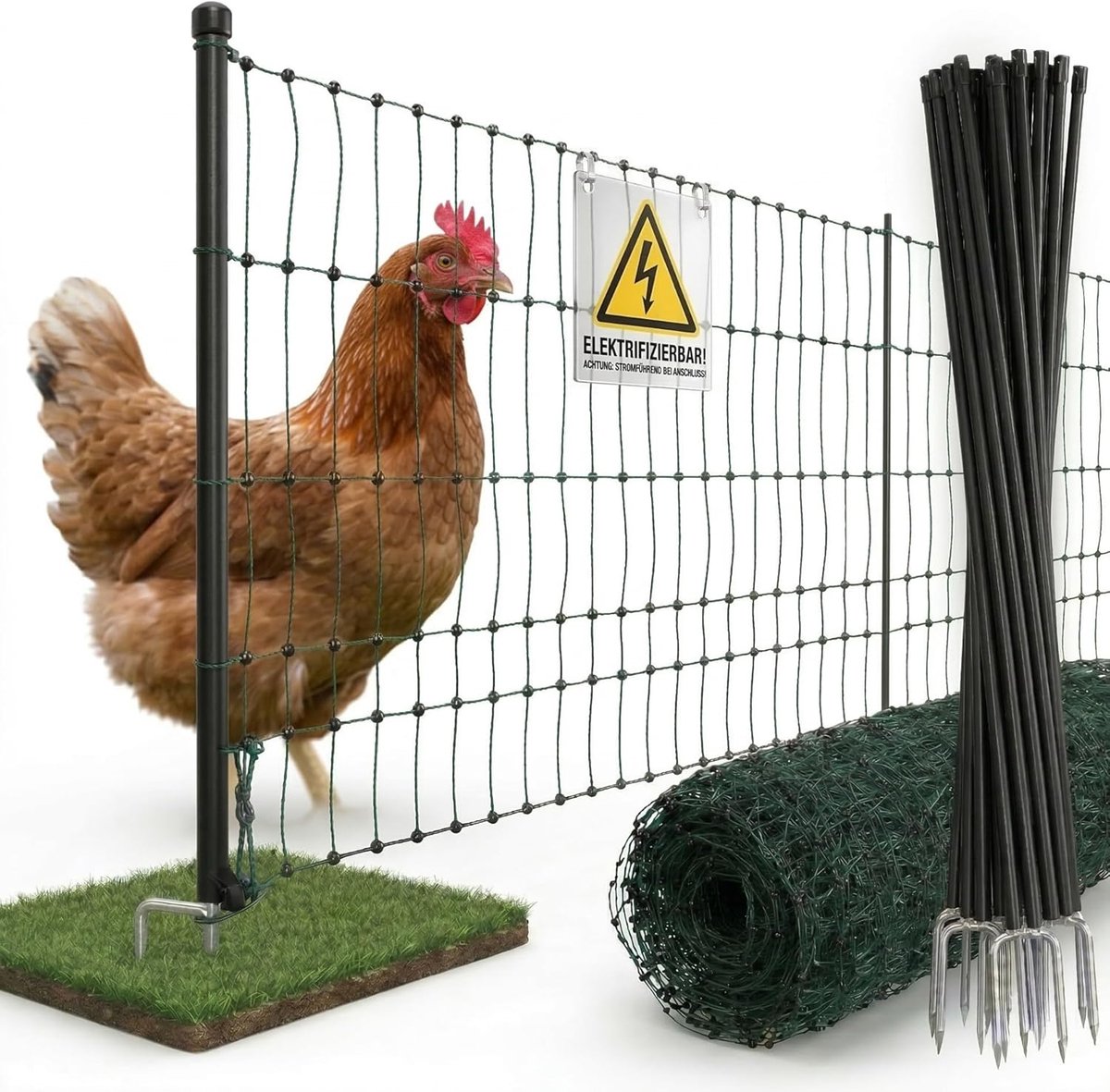 Omheining met elektriciteit groene 15m x 106cm | Elektrische omheining | Kleine maaswijdte & stabiele | Kip hek weide omheining voor veilig pluimvee houden