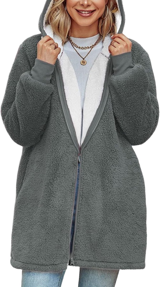 Damesjas met capuchon en ritssluiting, fleece, oversized, sweatjack, warm, casual, winter, hoodie, mantel, bovenstuk met zakken