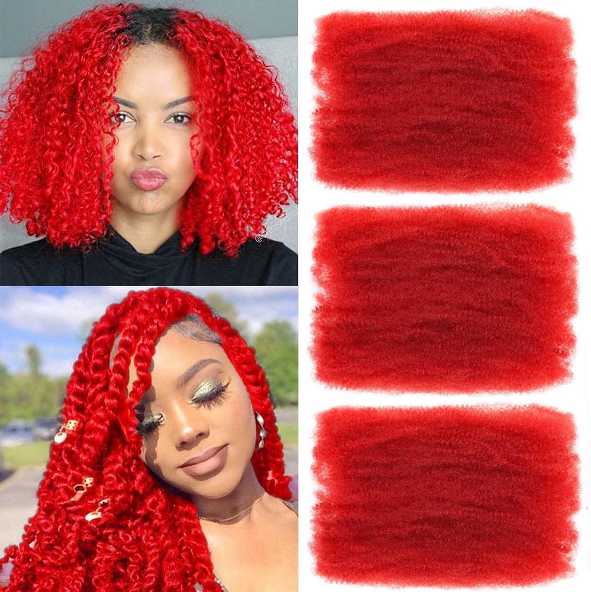 16 Inch Afro Kinky Curly Synthetisch Haar Bulk 3 Pakken Marley Twist Haar Bulk voor Dreadlock Extensions Spring Afro Twist Haar Bulk voor Mini Twist Reparatie Locs (Rood#, 16 Inch)