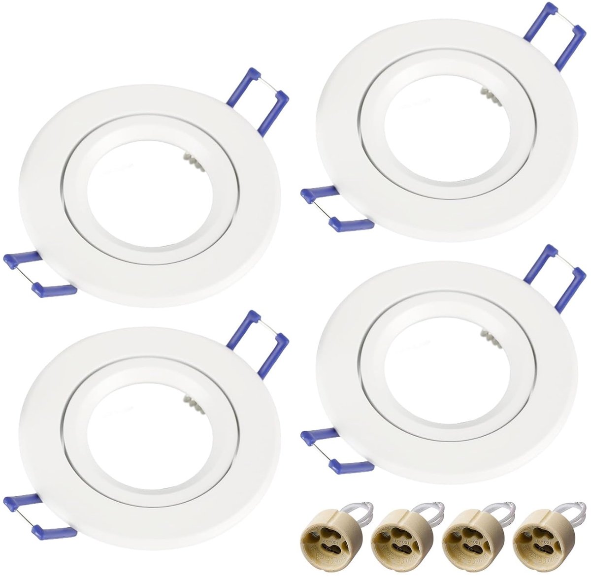 Set van 4 led-inbouwspots met keramische GU10-fitting - 4 frames + 4 fittingen, waterdicht IP44, 230 V, wit, gatdiameter 68 mm, voor plafond- en wandspots