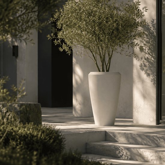 Jardinière conique gris clair avec un arbre au feuillage vert, devant un mur en pierre.