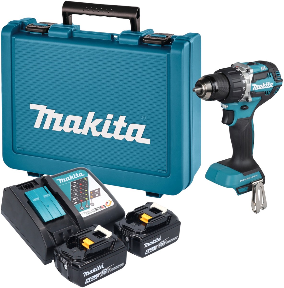 Makita DDF 484 RGE accu-boorschroevendraaier 18 V 54 Nm borstelloos + 2x accu 6,0 Ah + oplader + koffer