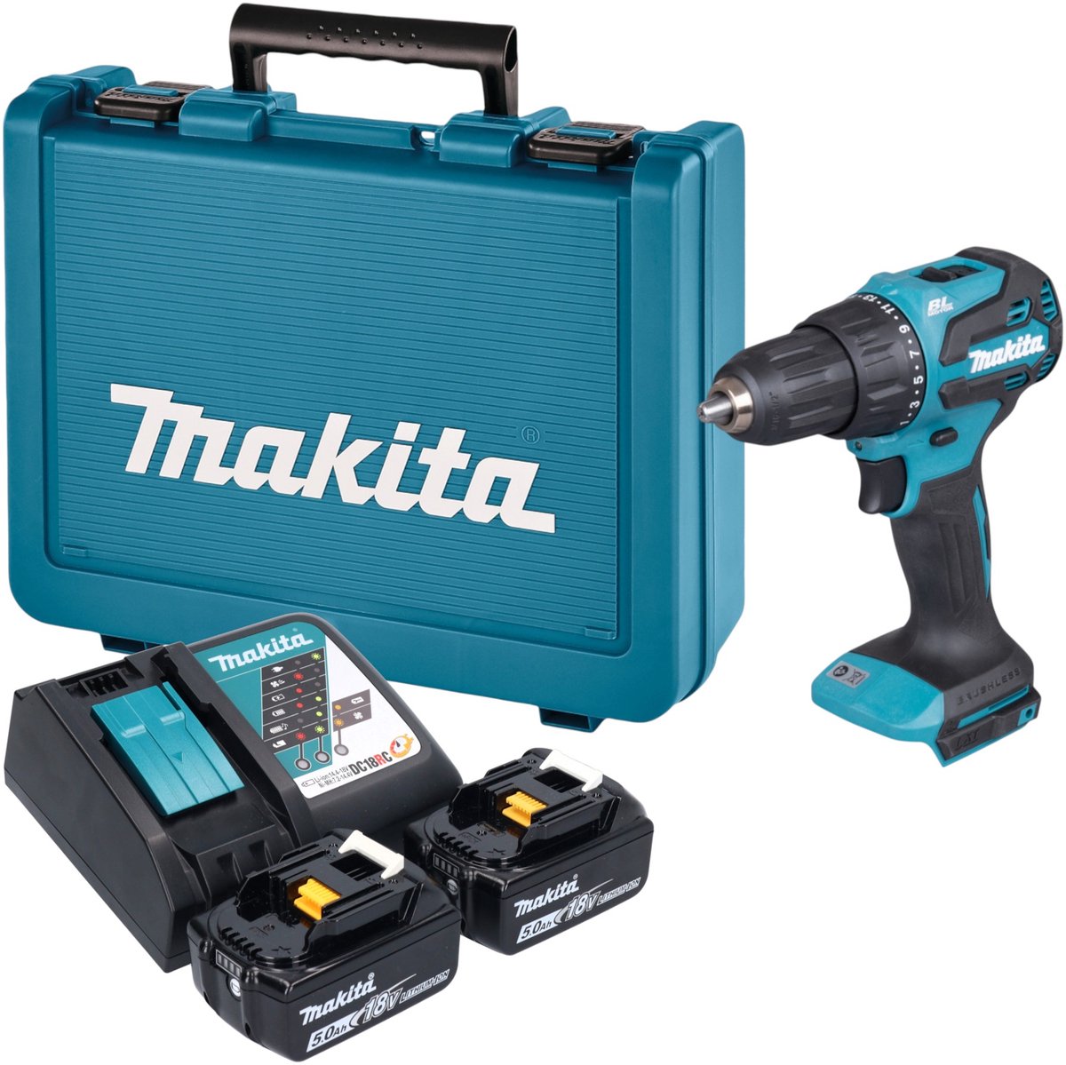 Makita DHP 490 RTE accu-slagboormachine 18 V 65 Nm borstelloos + 2x accu 5,0 Ah + oplader + koffer