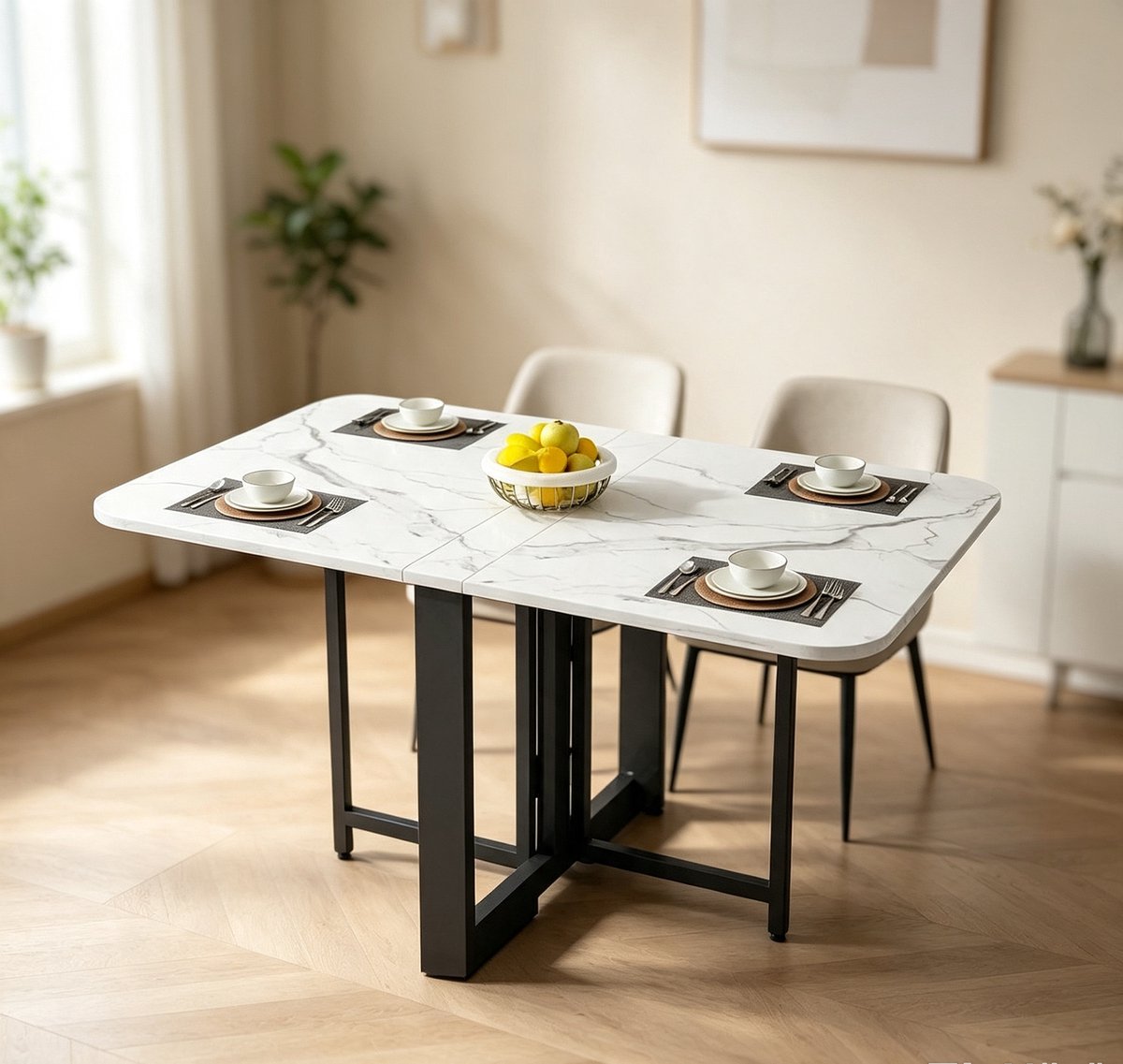 Moderne opklapbare rechthoekige eettafel 1,2 x 0,6 meter wit tafelblad van imitatiemarmer uitschuifbaar paneel duurzaam tafelblad biedt plaats aan 6-8 personen geschikt voor eetkamers kleine keukens en eethoeken