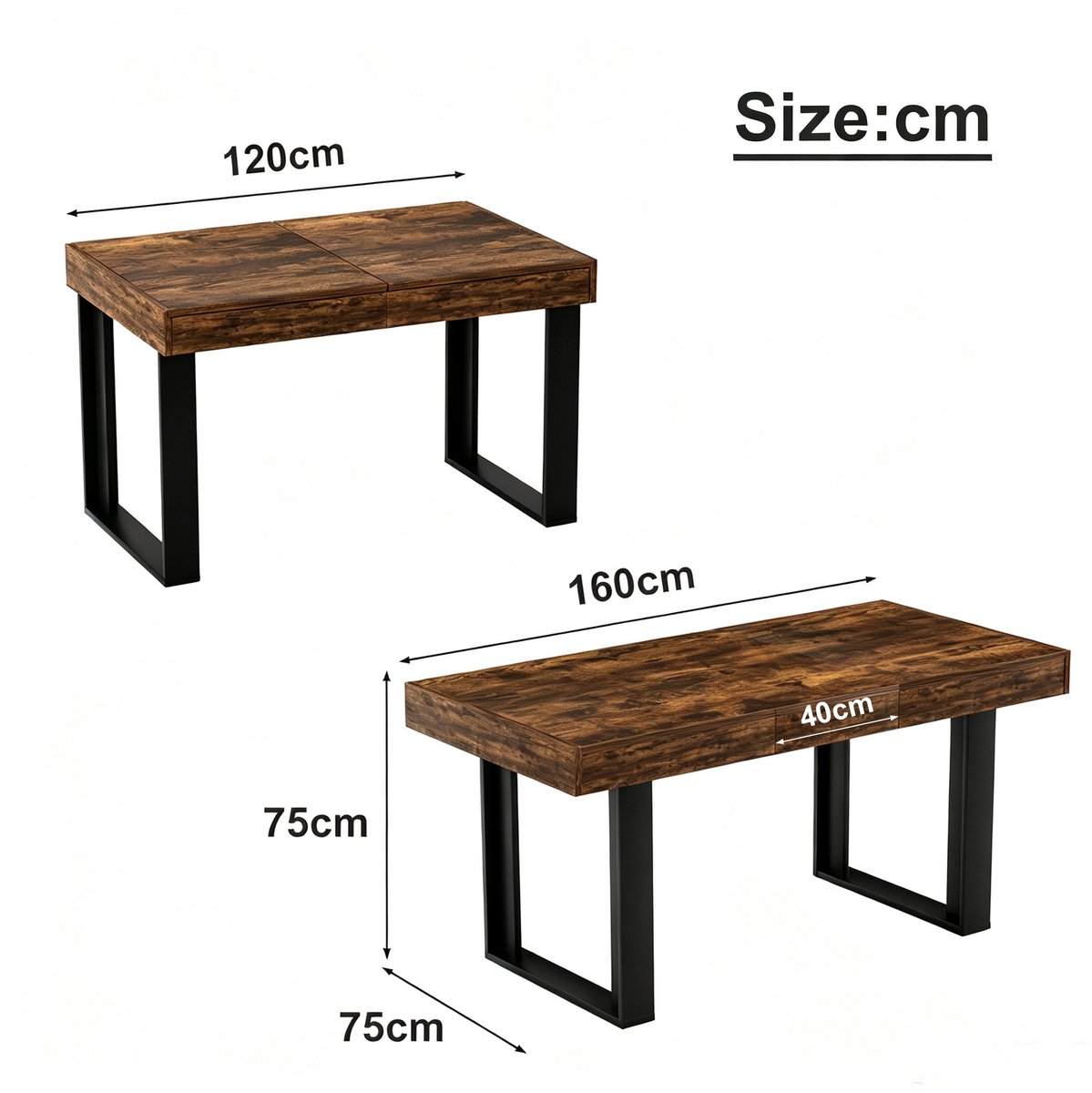 COVREO Uitbreidbare eettafel 120-160 cm zwart bruin spaanplaat, 8 personen