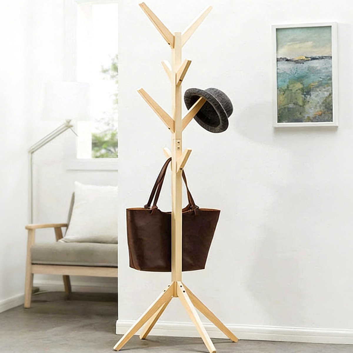 Wishdor Houten Kapstok Staand - Bamboe - 175 cm - Kledingrek met 8 Haken - Vrijstaande Kapstokboom voor Hal & Slaapkamer - Natuurlijk Hout