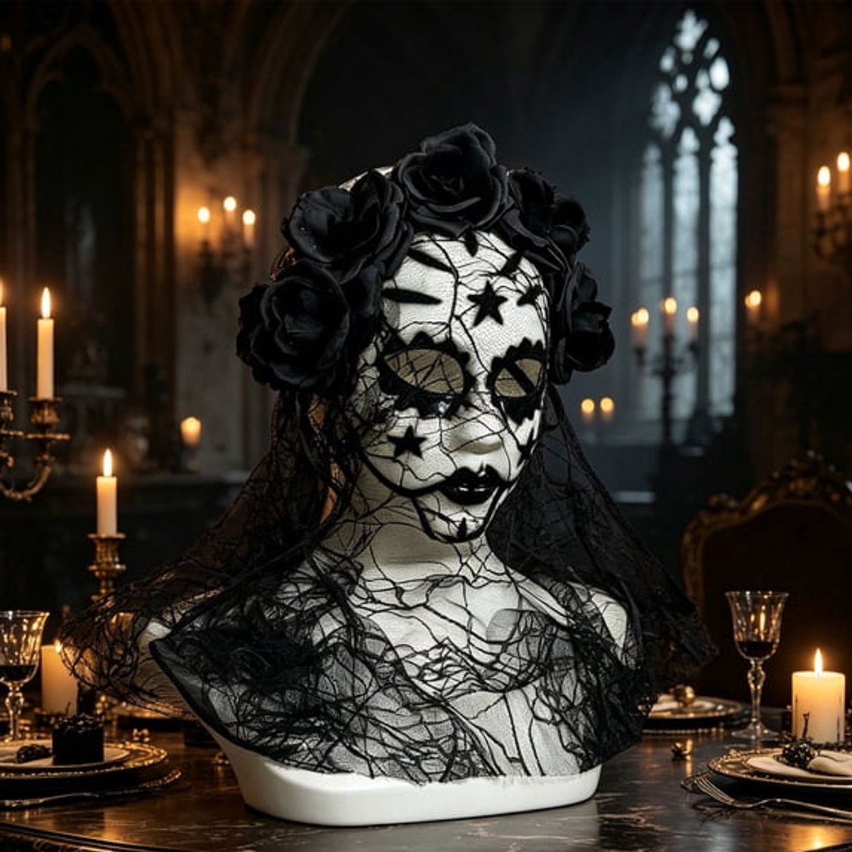 Ulisem - Masker - Gothic rozen kant masker met sluier - Zwart - 30x24 cm groot - Lichtgewicht en comfortabel - Verstelbare zijden band - Voor halloween, gothic feest en bal - Ook voor cosplay en carnaval - Vrouwen
