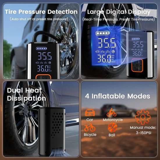 Draadloze auto bandenpomp - Draagbare compressor - Elektrisch - Intelligent - Voor auto en fiets — afbeelding 5