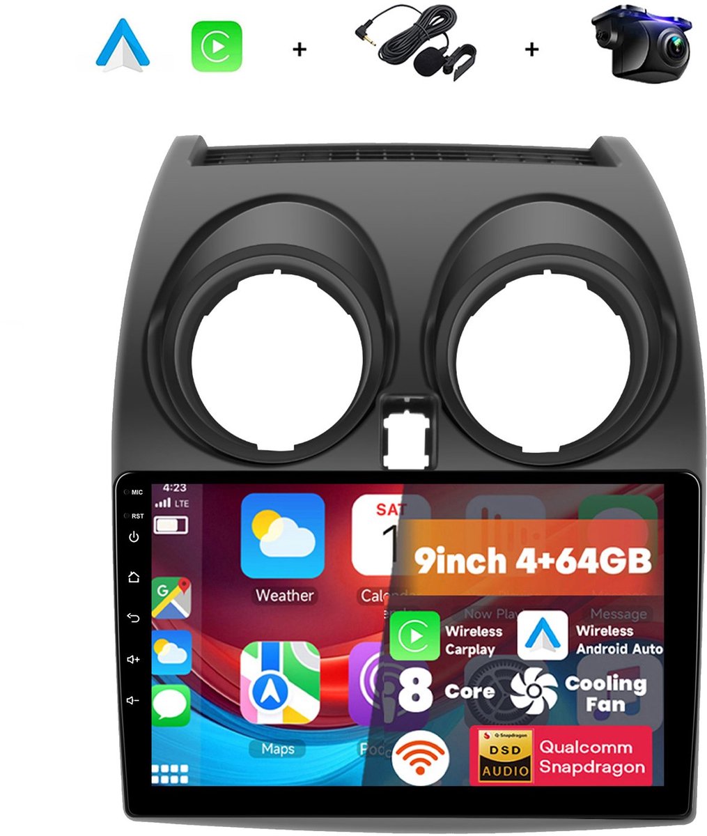 Boscer 2 Din Autoradio - Geschikt voor Nissan Qashqai (2006-2016) - Draadloos Apple CarPlay & Android Auto - 8-Core Snapdragon - 9 Inch HD Touchscreen - 4+64GB - Interne Koeling - GPS - WiFi, Bluetooth & USB - Achteruitrijcamera & Microfoon