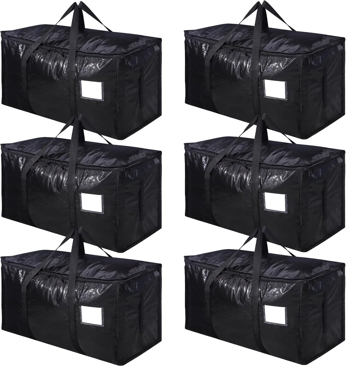 6 stuks 90 liter opbergtas met deksel - opvouwbaar - zwart - PP-weefsel - ritssluiting - sterke handgrepen - labelvenster - voor verhuizing - camping - beddengoed - kleding - opslag