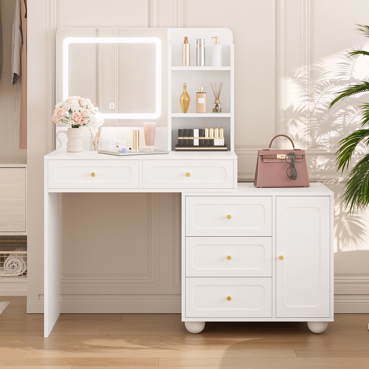 VVBV Kaptafel 80x39.8x127 cm - Met Spiegel, Opbergruimte, LED-Verlichting, 5 Lades - Wit, MDF