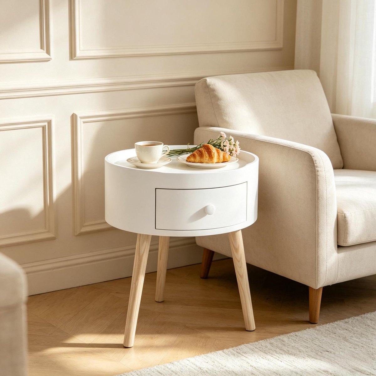 COVREO Bedtafel 38x38x45 cm wit en hout, met lade voor slaapkamer Wit, hout
