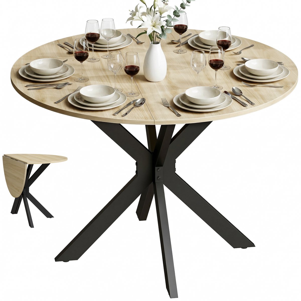 ECTEATOY® Ronde Eettafel - Klaptafel voor 2 tot 6 Personen - Inklapbare Tafel - Houtlook en Staal - Ø 110 x 76 cm