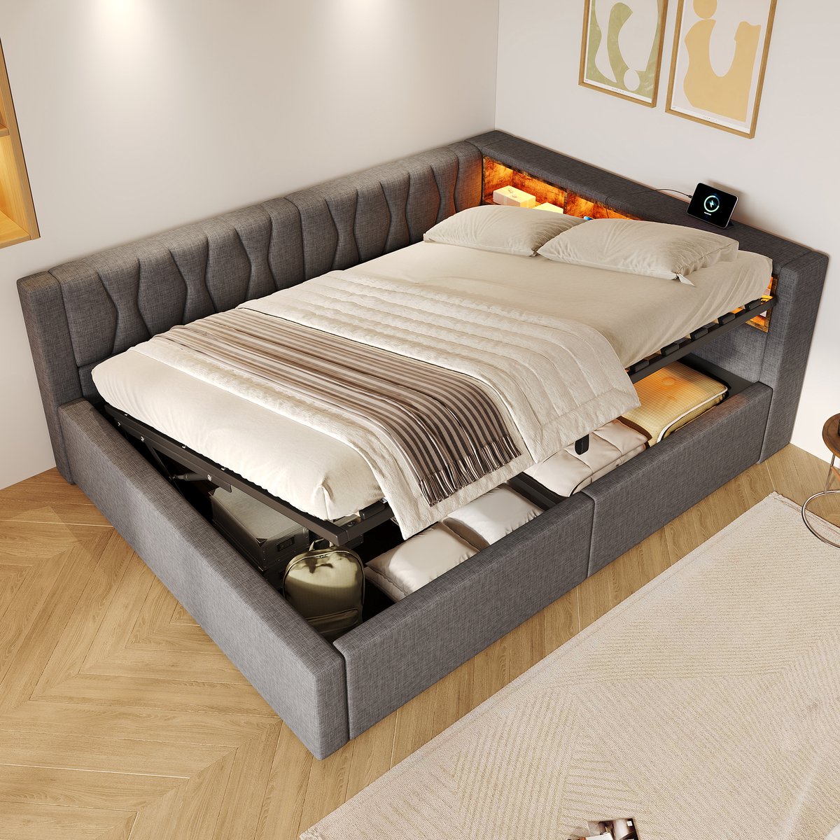 Slaapbank 140x200 cm - met opbergruimte - LED-verlichting - boekenplank - USB-poort - grijs - zonder matras