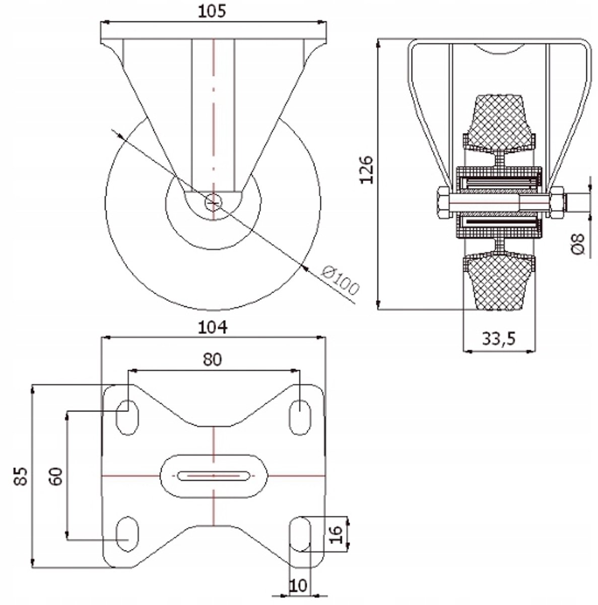 Merkloos Zwenkwiel 100mm Rubber & Kunststof, Vaste Behuizing