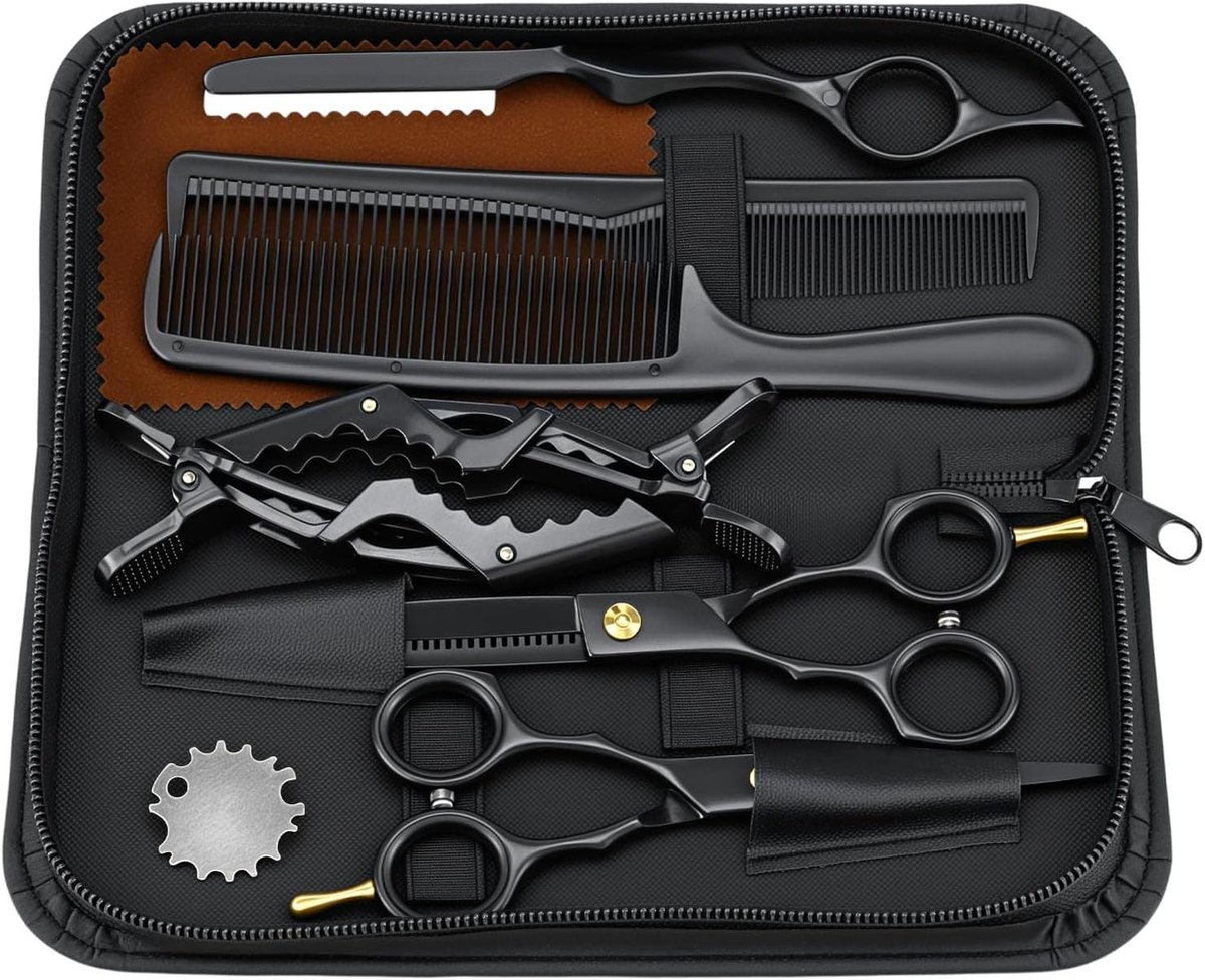 Kappersschaar Set - Haarknipset Professioneel - Thuisgebruik en Styling - Roestvrij Staal 440C - 218 cm Pakket - Zwart