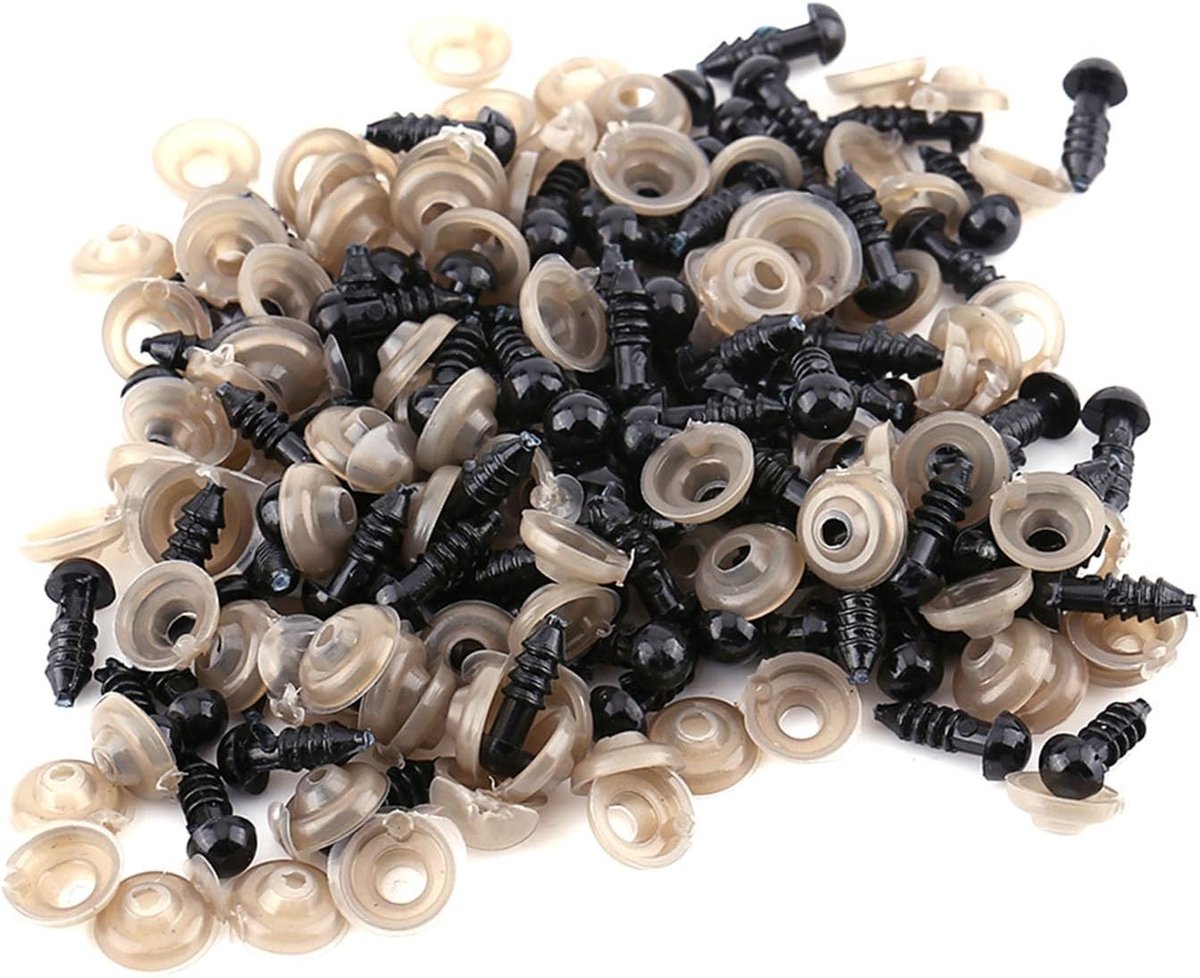 Veilige Plastic Ogen voor Knuffeldieren, 100 Stuks, Zwarte Ogen met Wasjes, 6mm tot 12mm voor DIY Poppenmaken en Creatieve Ambachten