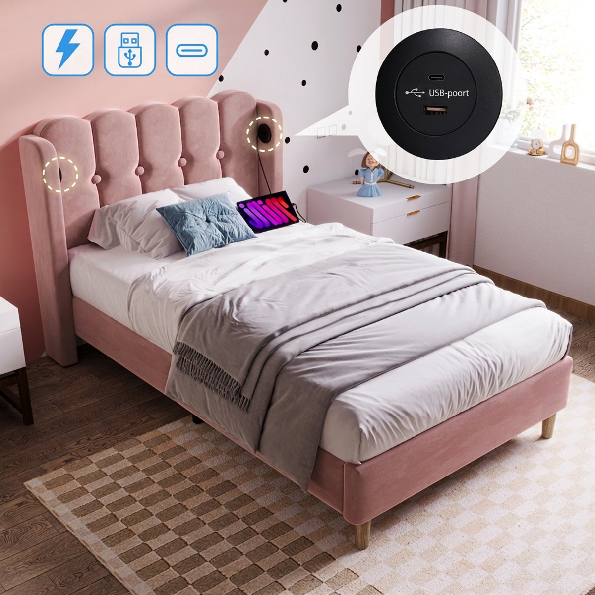 Gestoffeerd eenpersoonsbed 90 x 200 cm - USB-C, lattenbodem en fluwelen bekleding - Roze