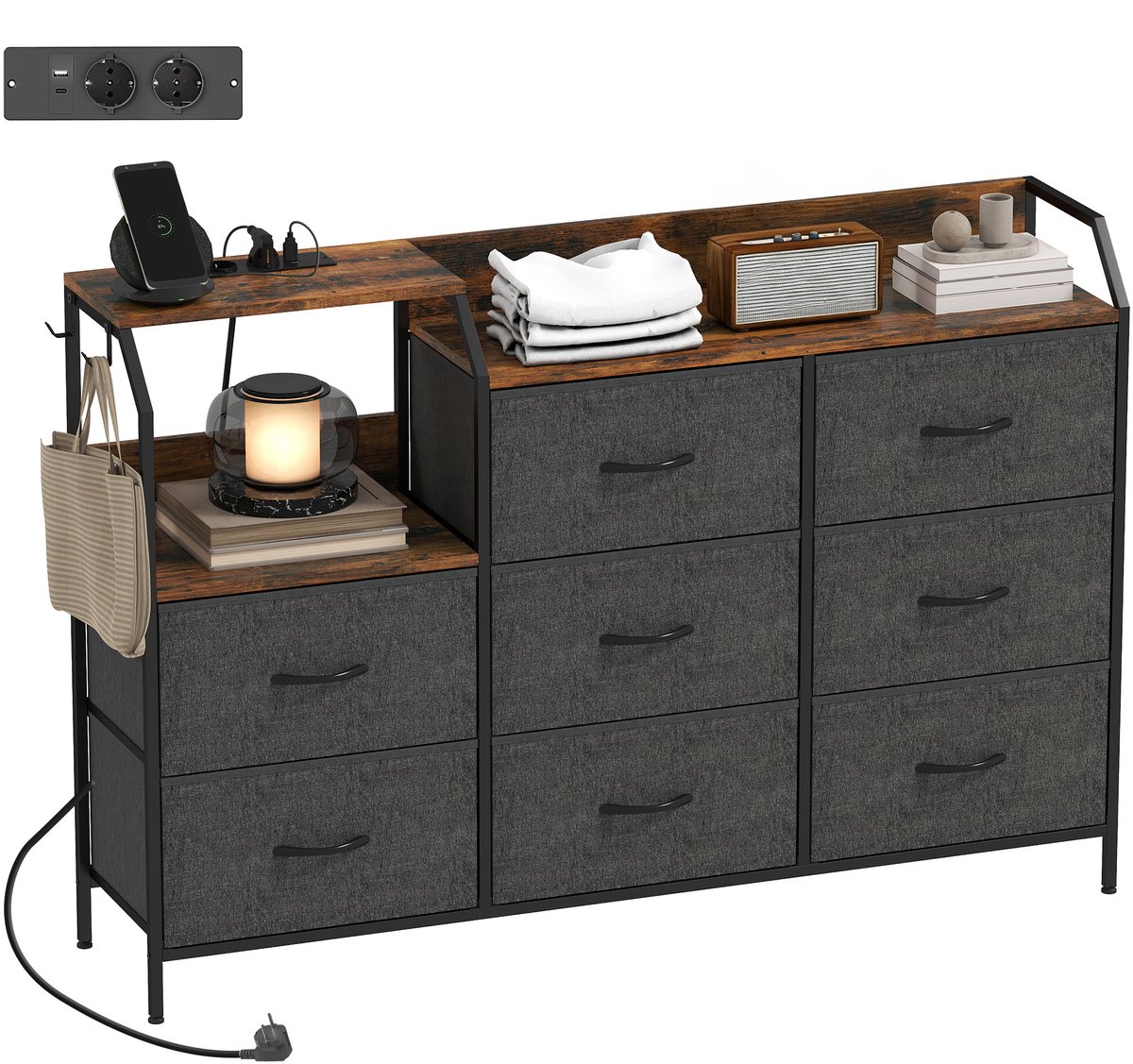 Commode met 8 stoffen lades-stalen frame-oplaadstation-rustiek bruin + zwart