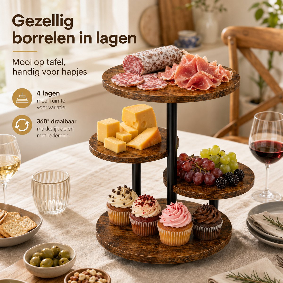 OUYLAF 4-Laags Draaibare Borrelplank – Houten Tapasplank – Ronde Kaasplank – Hapjesplank – Serveerplank – Bruin — cadeau in Kookcadeaus - foto 3