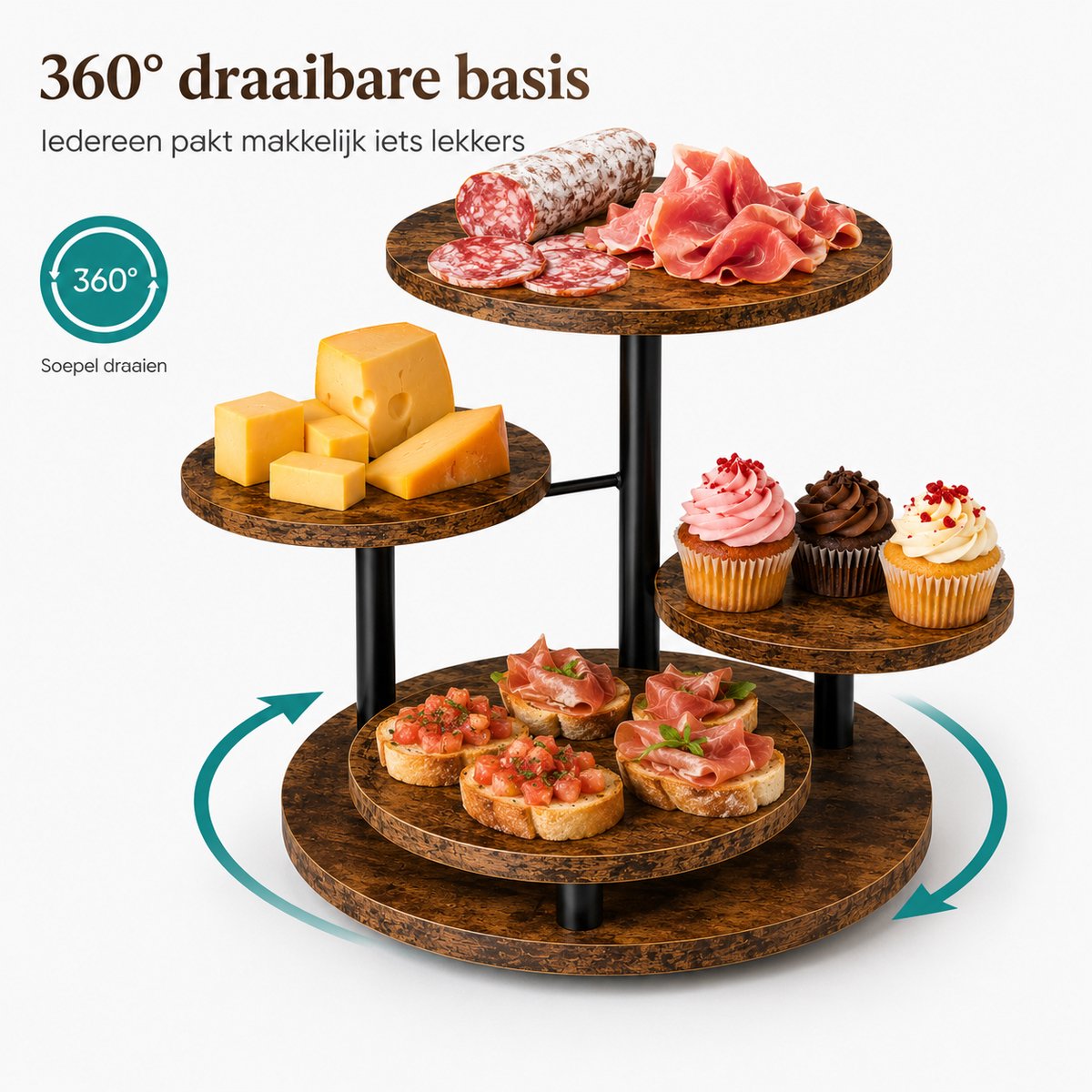 OUYLAF 4-Laags Draaibare Borrelplank – Houten Tapasplank – Ronde Kaasplank – Hapjesplank – Serveerplank – Bruin — cadeau in Kookcadeaus - foto 4