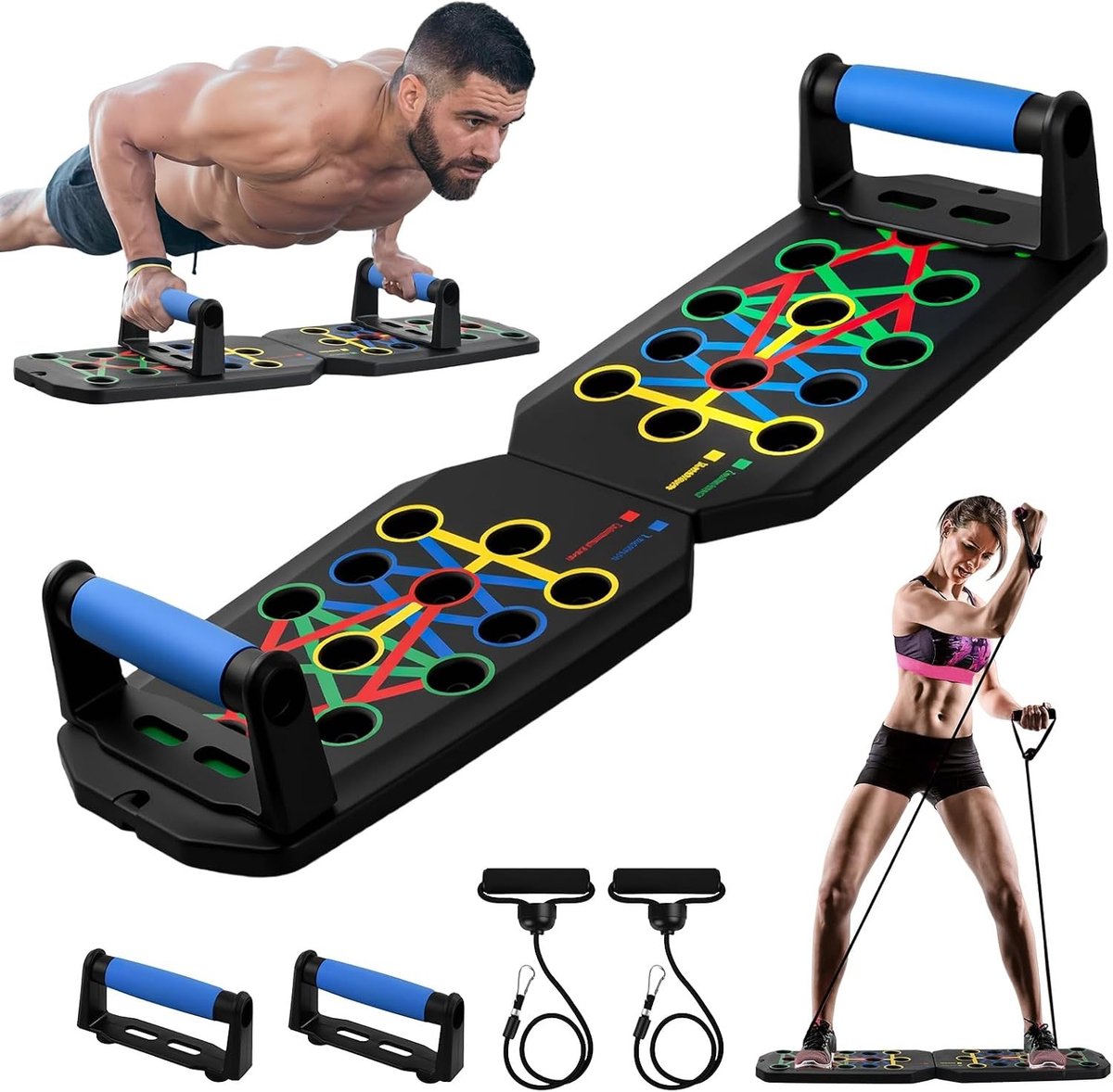 Multifunctioneel Push Up Board met Handgrepen, 2 Spankabels en 20 Hechtingspads voor Thuis Fitness en Krachttraining, Belastbaarheid tot 150 kg