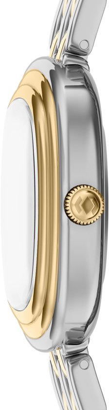 Zijprofiel van een Fossil dameshorloge met een zilverkleurige kast, gouden rand en een geelgouden kroon.