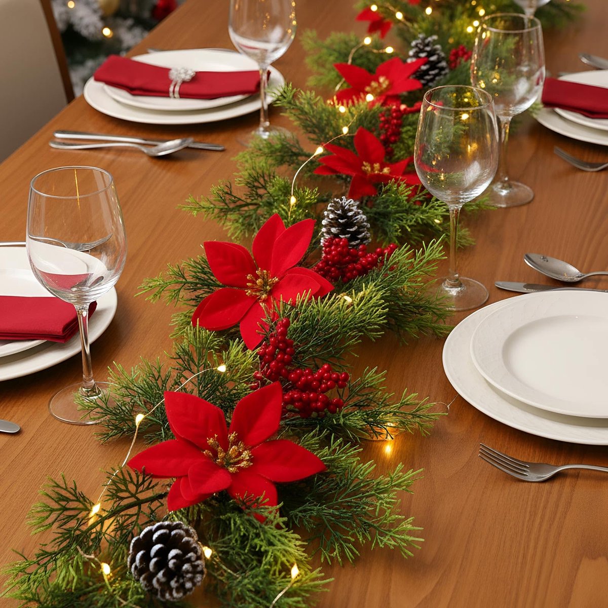 Namajunas -180cm Kerstslinger met 35 lampen - Rode Bessen - Dennenappels - Kerstversiering - Kerstdecoratie voor binnen - Guirlande - Feestelijke Decoratie - Guirlande Met verlichting - Voor open haarden, trappen en tafelbladen