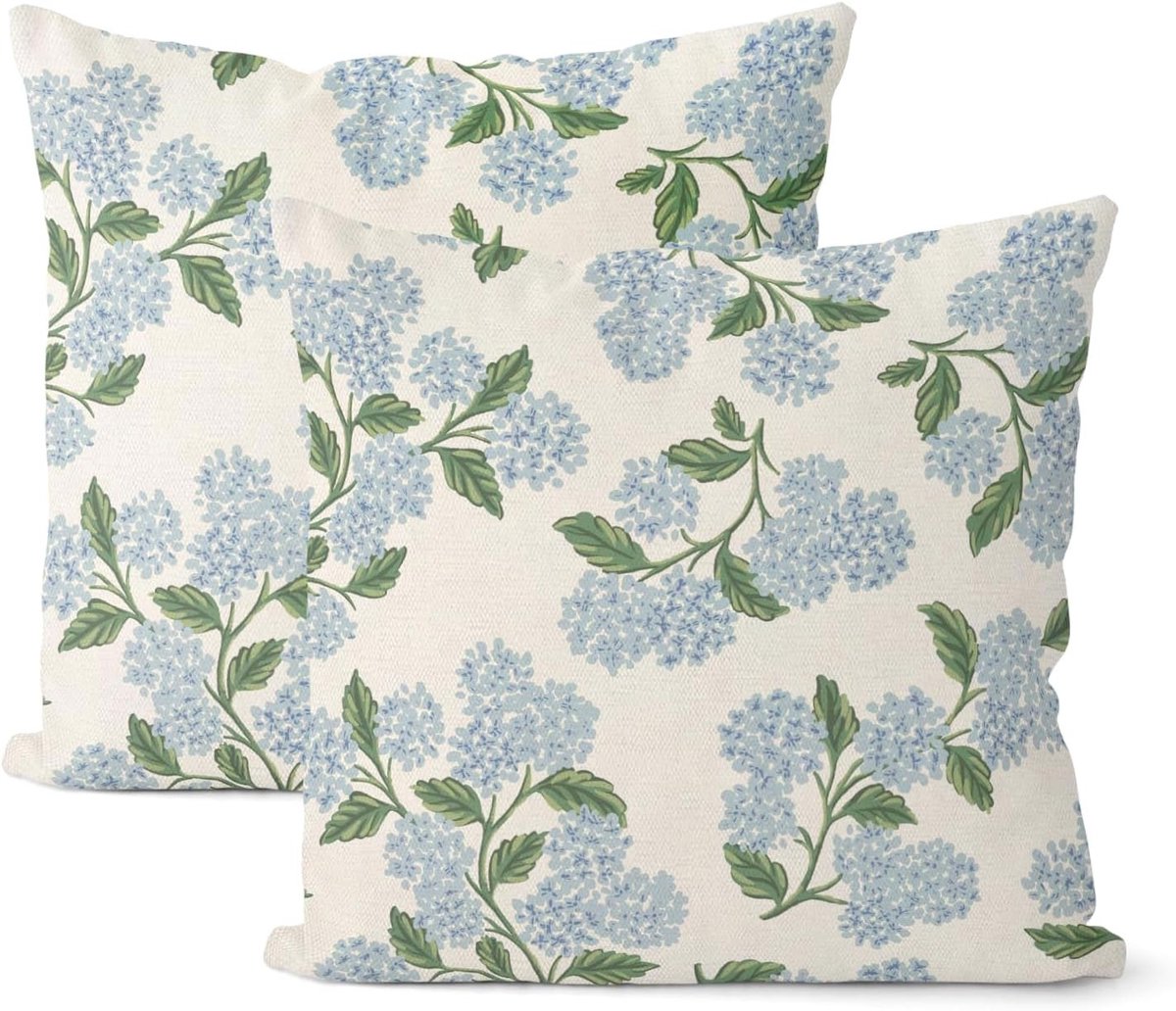 Zomer Kussenhoezen Set van 2, Blauw Groene Hortensia Print, Vintage Bloem Motief voor Bank en Buiten, Ideaal voor Seizoensgebonden Decoratie en Comfort