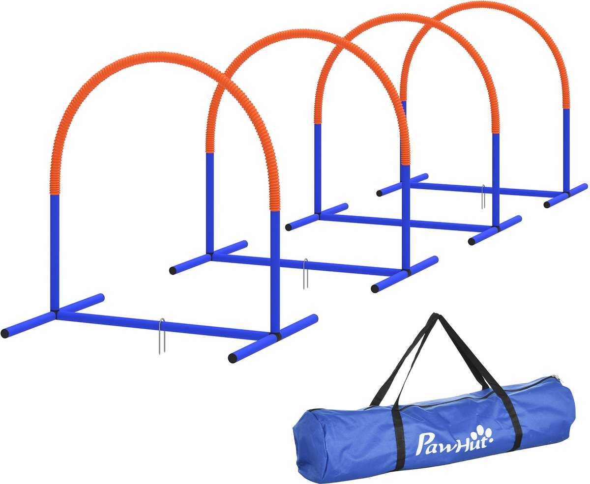 Behendigheidsset voor honden, hondentraining, 4 bogen, voor beginners, met draagtas, blauw+oranje, 88 x 64 x 95 cm
