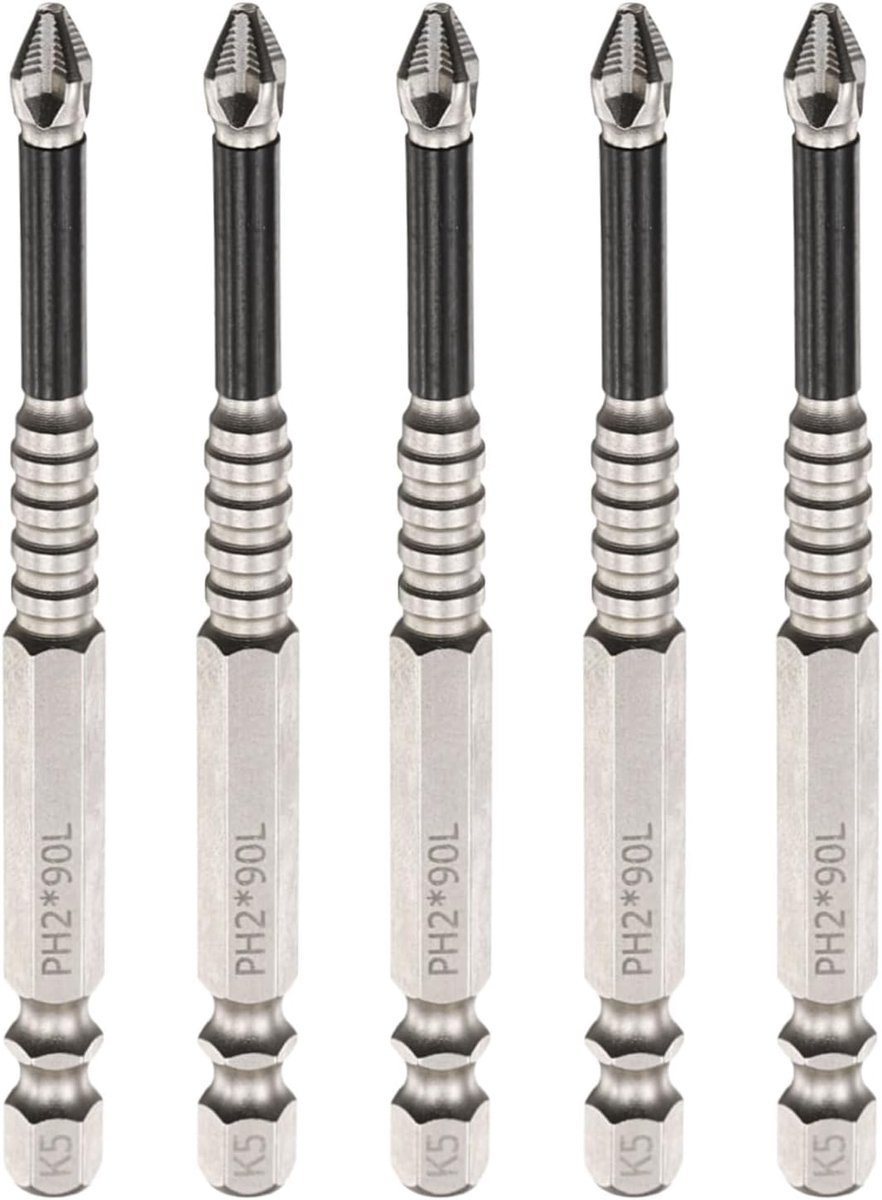 5 stuks Phillips schroevendraaierbit PH2 met gekartelde punt, 1/4 inch zeskantschacht 3,5 inch (90 mm) lange slag magnetische anti-slip kruiskop schroevendraaier industrie voor