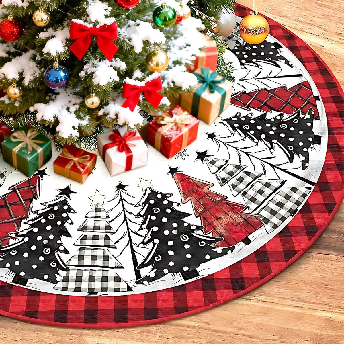 Rond, 120 cm, kerstboommotief, rode en zwarte buffelruit, kerstboommotief, rond, boomdeken, kerstboomtapijt, vakantiefeesten