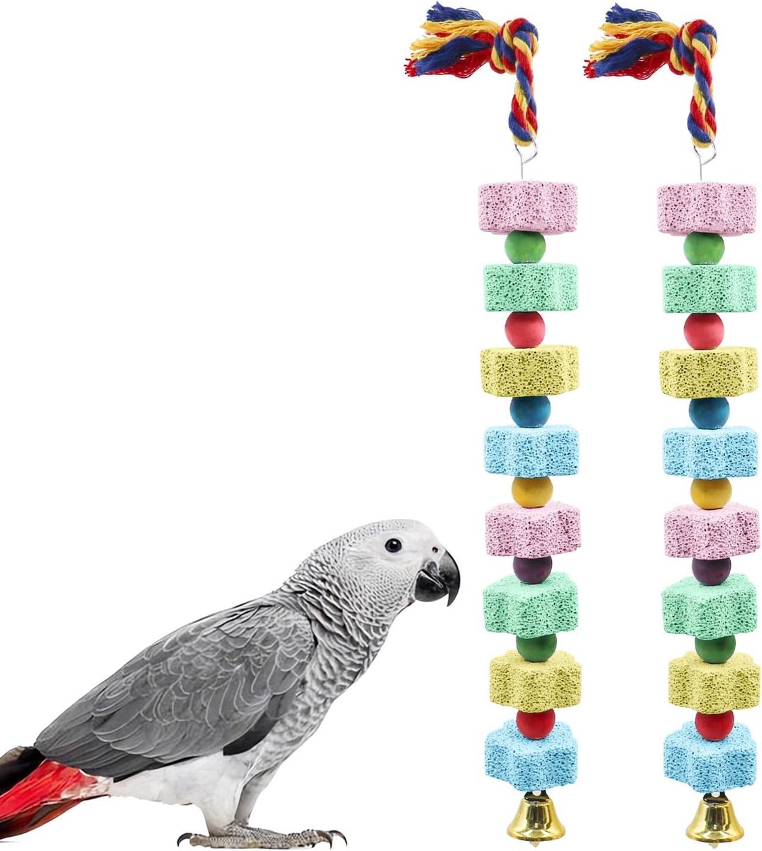 Speelgoed voor vogels, kleurrijke papegaai, snavel, slijpen calciumsteen met bellen, kooi-accessoires voor valkparkieten, parkieten, papegaaien, parkieten, tortelduifjes, rat, hamster