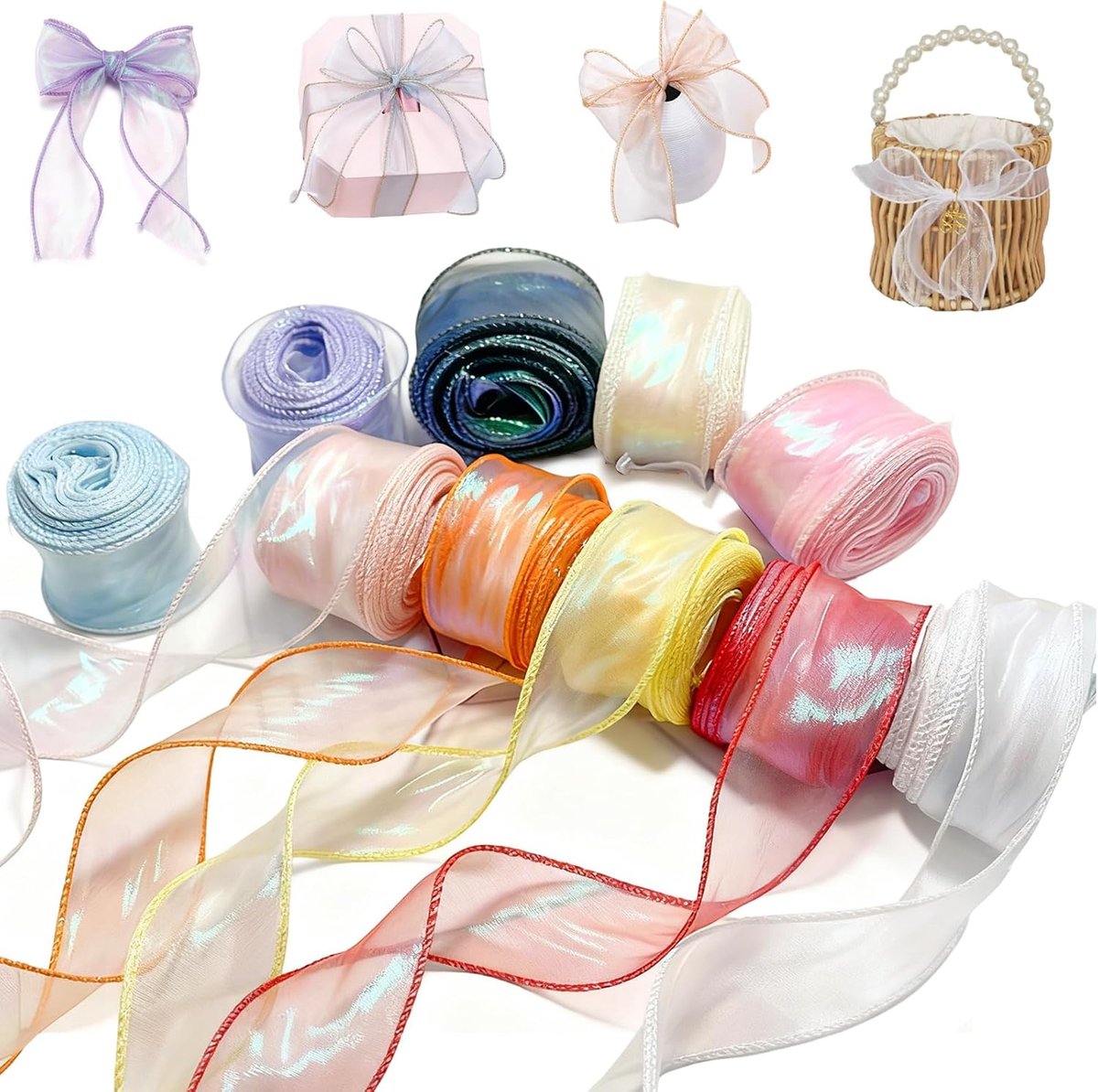 10 rollen organza lint, 4 cm x 9 m doorschijnend lint cadeaulint breed chiffonlint glanzend transparant zijden lint voor knutselen decoratie kransen bruiloftsdecoratie