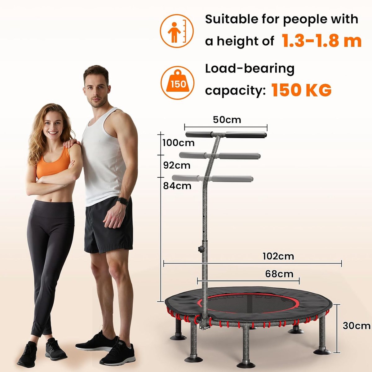 Indoor Fitness Trampoline | Gepolsterde Beschermhoes | Tot 150 kg Belastbaar | 3 Verstelbare Handgreephoudingen | Zonder Installatie | voor Kinderen Volwassenen | Mini Ø102 cm | Thuis