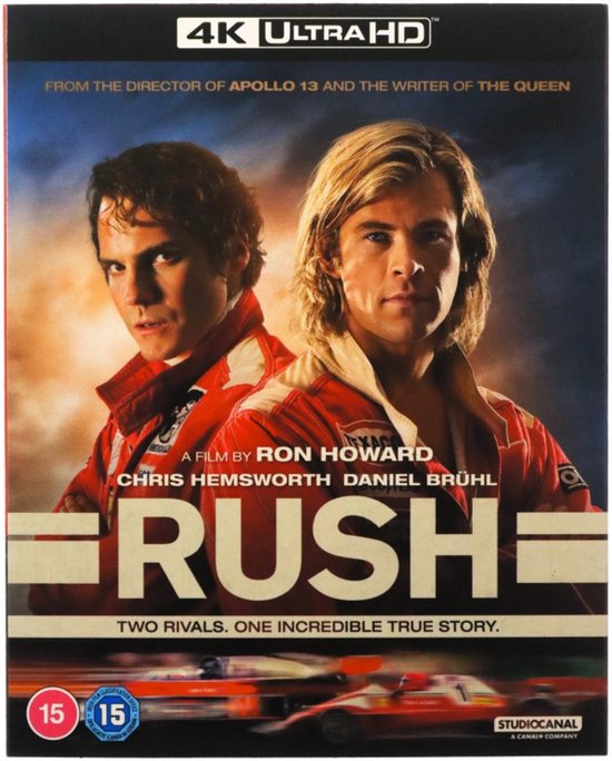 Voorzijde van de 4K Ultra HD Blu-ray hoes van Rush, met Chris Hemsworth en Daniel Brühl in racekleding.