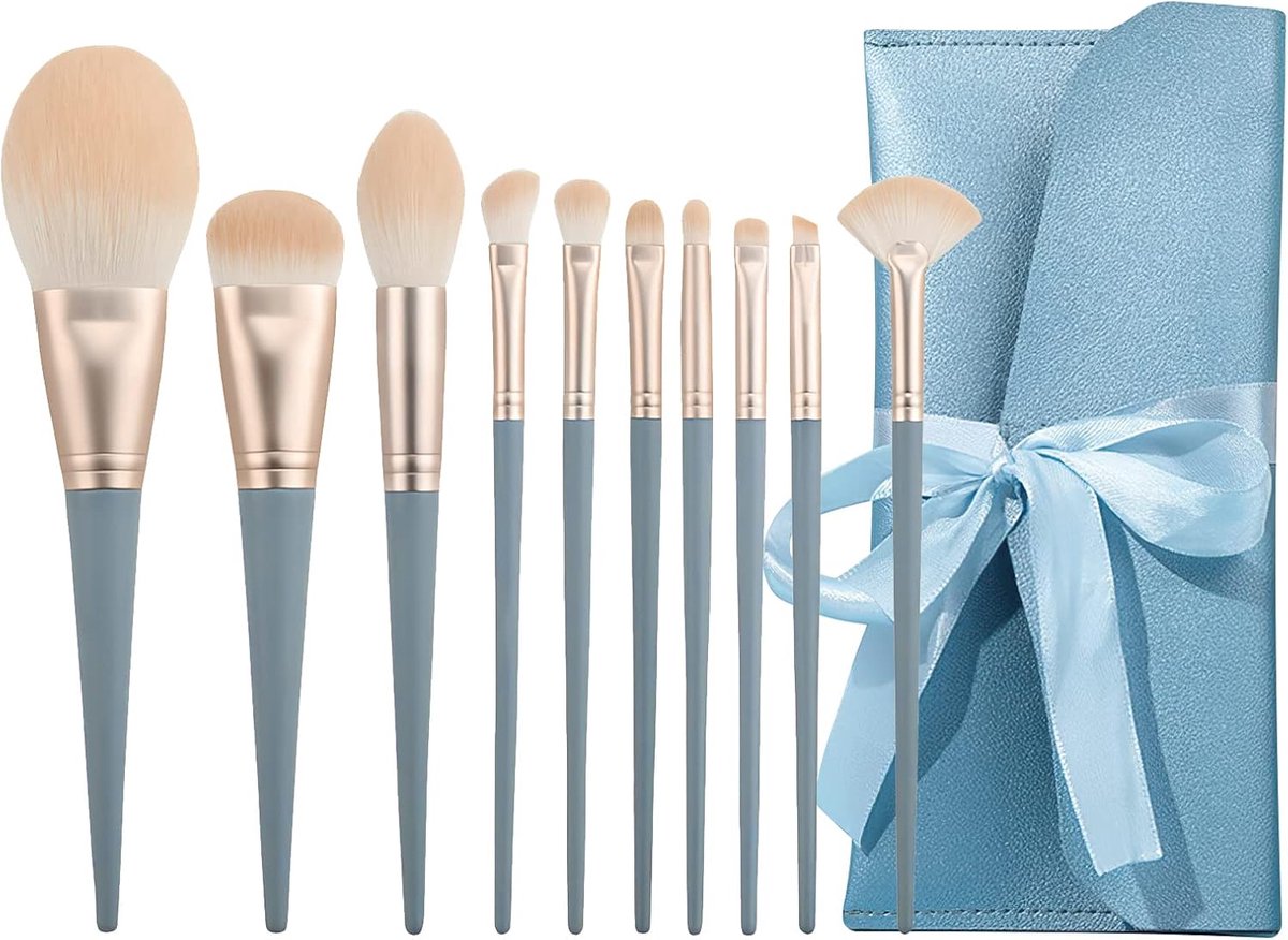 Borstels set, make-up borstels set professionele, synthetische foundation concealer poeder blush oogschaduw wenkbrauw make-up borstels met cosmetische tas (10 stuks blauw)