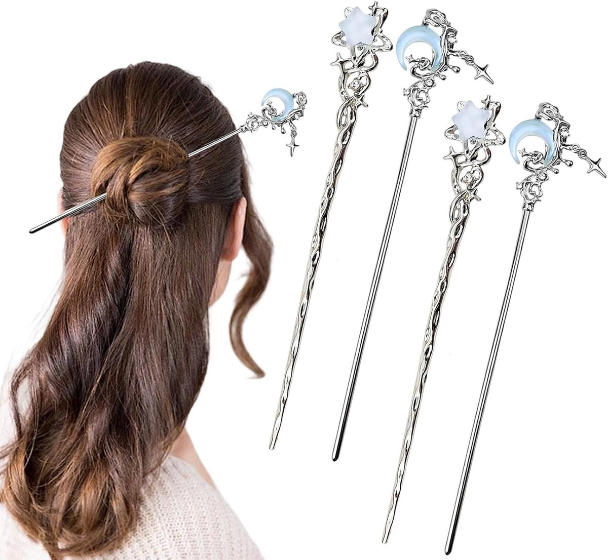 Set van 4 lichtgewicht en duurzame ster-, maanvormige haarspelden, Chinese vintage haarspelden, zilveren haarspelden, voor knot, haar