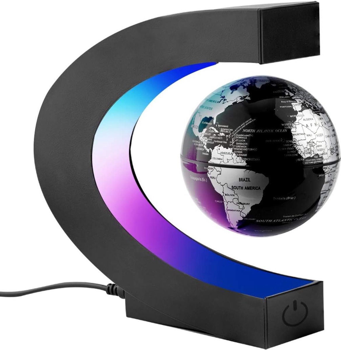 Zwevende Wereldbol, Creatieve C Vorm levitatie zwevende wereldkaartbol met Kleurrijke LED-kleurenverlichting voor Thuiskantoor Bureau Decoratie, Kinderen Aardrijkskunde Onderwijzen geschenken