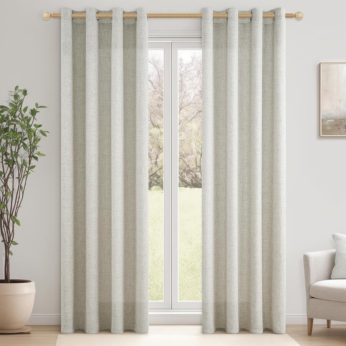 Gordijnen met inslagringen, linnen, halftransparant, voor woonkamer, set van 2 gordijnen, linnenlook, landhuisstijl, slaapkamer, 230 cm lang, 140 cm breed, linnen gordijnen woonkamer