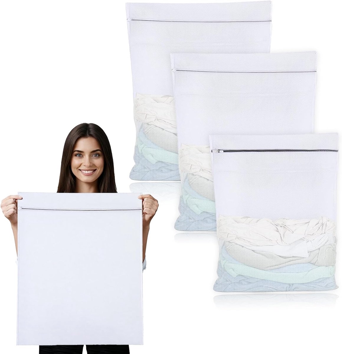 3 stuks groot wasnet voor wasmachine, 60 x 80 cm/40 x 50 cm waszak voor wasmachine wasnet laundry bag met ritssluiting voor overhemden, truien, jassen, broeken, jeans, babykleding