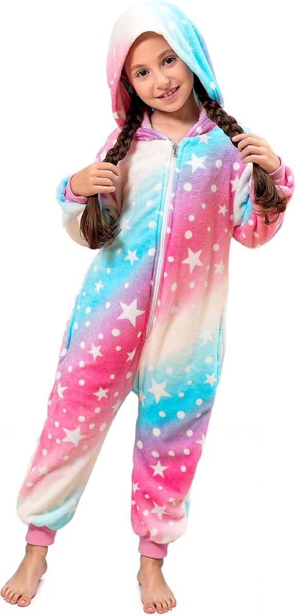 Meisjes Onesie Regenboog 3-10 Jaar Fleece Zachte Pluizige Warme Hooded Jumpsuit met Rits en Zakken Meisje Gift 5 Kleuren