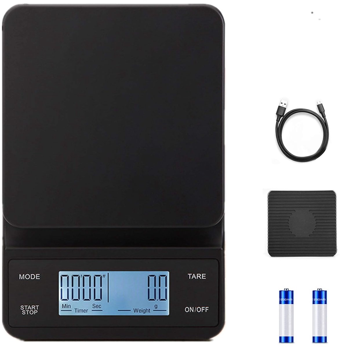 Digitale koffieweegschaal, 3 kg/0,1 g, hoge precisie, voedselweegschaal met tarra-functie, met antislipmat en lcd-timer (wit licht, opladen via USB)